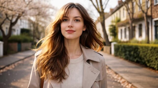 Portrait of young adult woman with long hair wearing coat walking along calm suburban street with trees and houses, expressing relaxed lifestyle and everyday elegance