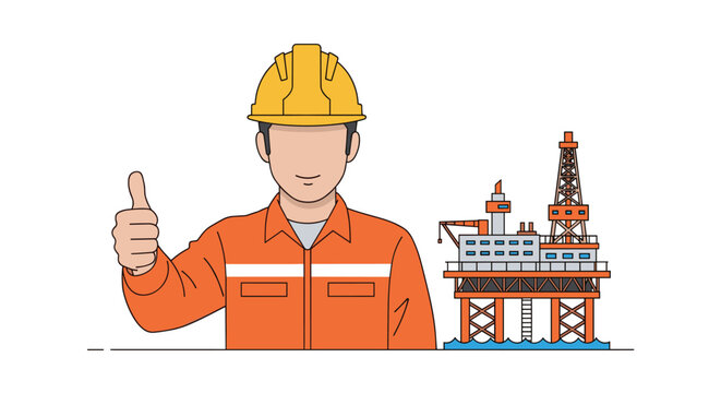 A construction worker wearing a yellow hard hat and orange protective gear gives a thumbs up gesture next to an oil drilling platform in a flat vector style.