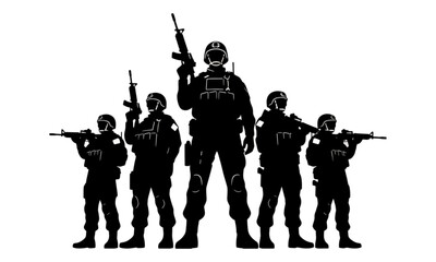 Obraz premium Military Squad Silhouette with Assault Rifles Isolated on White