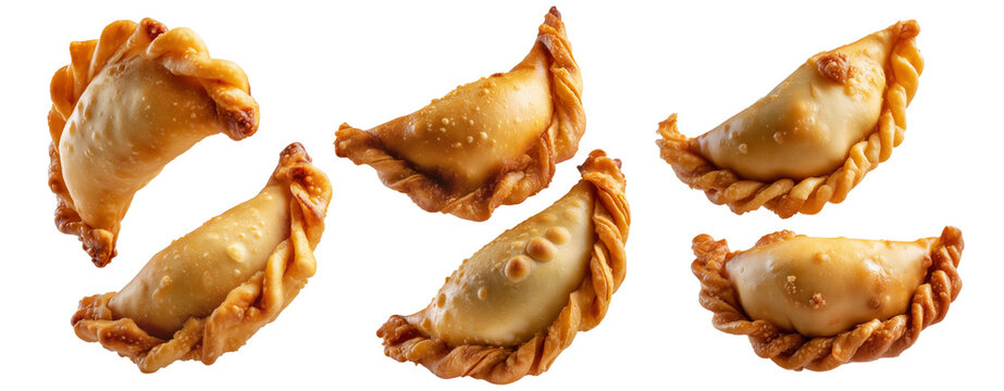 Fried baked pastry empanadas filled with ground beef cheese ham and crimped edges, isolated on white background