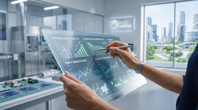 Hand holding transparent holographic display showing renewable energy charts and graphs, futuristic technology interface, data analysis for carbon reduction and supply chain
