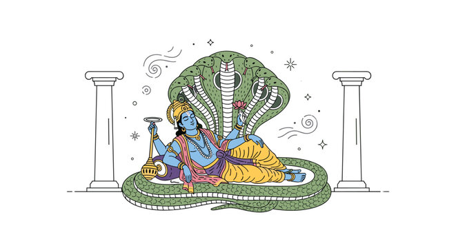 The Hindu deity Lord Vishnu reclines peacefully upon the multi-headed serpent Shesha between two classical architectural pillars against a minimalist white background in vector art