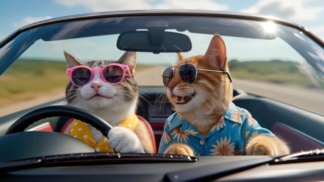 Two cats in sunglasses sit in a convertible car on sunny road appearing to drive together, creating playful humorous scene that blends animal behavior with human travel lifestyle