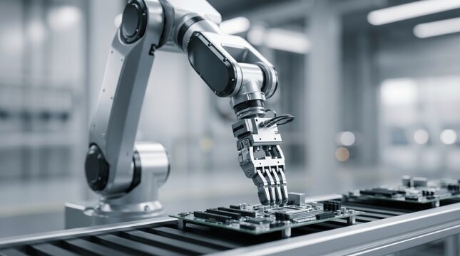 Industrial robotic arm assembling electronic circuit board on conveyor belt, automated manufacturing process, high tech factory production line, artificial intelligence and