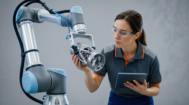 Industrial engineer inspecting metal part held by robotic arm in factory, quality control and manufacturing automation with tablet device for monitoring production.