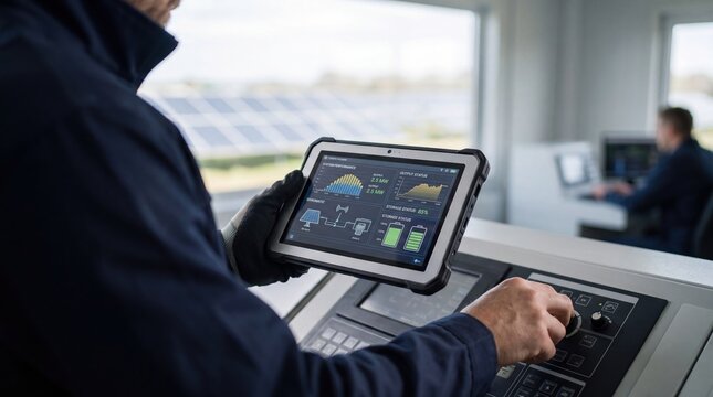 Engineer monitoring solar farm energy output on tablet in control room, renewable power plant management, sustainable electricity generation data analysis, green technology