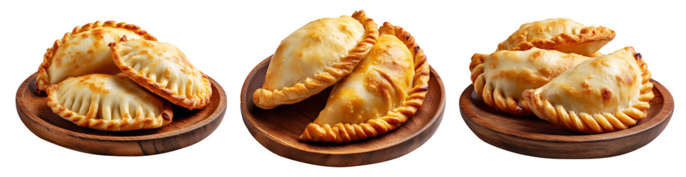 Fried baked pastry empanadas filled with ground beef cheese ham and crimped edges on wooden plate, isolated on white background