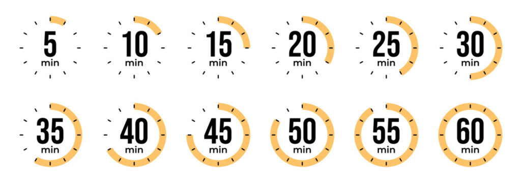 Timer icons set showing minutes from 5 to 60 for countdown
