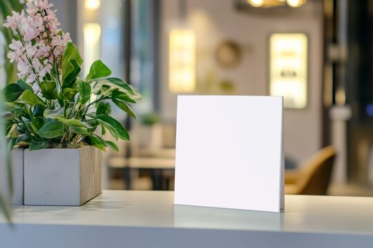 White label mockup for menu frame on reception desk in beauty salon with plant and tent card holder for product display