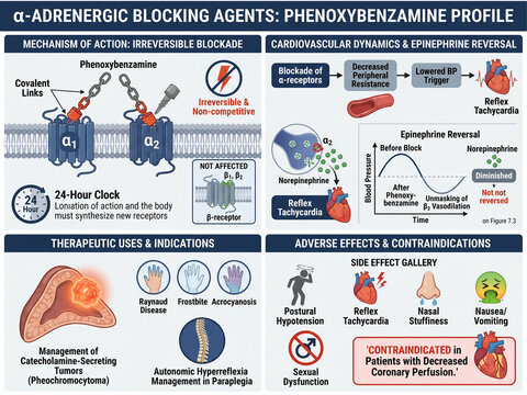 Alpha-adrenergic blocking agents phenoxybenzamine profile illustrates mechanism of action, irreversible blockade, cardiovascular dynamics, epinephrine reversal, therapeutic uses, indications,.