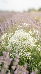 Obraz premium White wildflowers, lavender field, purple flowers, green grass, floral landscape