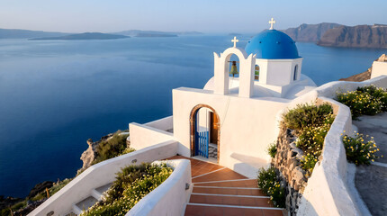 Fototapeta premium Iconic White Greek Orthodox Chapel Blue Dome Santorini Clifftop Aegean Sea Dawn