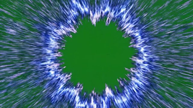 Energetic abstract light burst expanding and contracting in blue and purple, creating a dynamic tunnel effect on green screen for VFX.