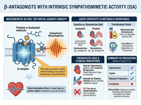 Visual explanation of beta-antagonists with intrinsic sympathomimetic activity (ISA), depicting the partial agonist concept and their agent specificity and metabolic advantages.