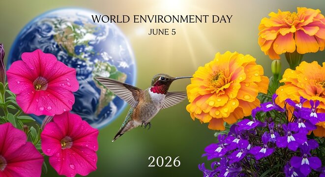 Celebrate World Environment Day on June 5th with this vibrant image featuring a ruby-throated hummingbird hovering near bright yellow marigolds and pink petunias, with the Earth visible in the backgro