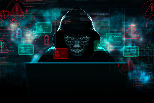 Identity theft concept: masked hacker targeting personal data with digital profile overlays, warning alerts and network interface, cybersecurity risk.