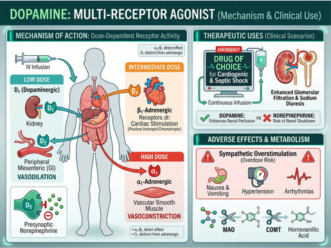Infographic detailing dopamine's role as a multi-receptor agonist, illustrating its mechanism of action, therapeutic uses, and adverse effects across different dosages.
