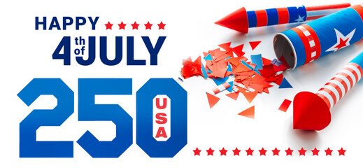 USA 250 anniversary greeting card . Fourth of July design with patriotic decor . American Independence celebration layout 4 th of july. © TSViPhoto