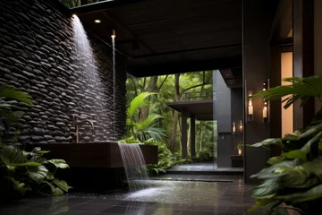 Poster Toilet Luxury spa bathroom featuring a rock wall, wooden basin, and water elements nestled in a tropical garden  © nsit0108