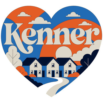 Retro Kenner Louisiana City Love Vector Illustration in Heart Shape Featuring Suburban Neighborhood Houses and Vintage Landscape Design