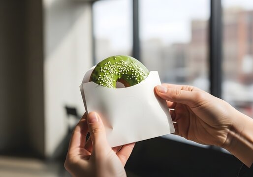 Person holding a matcha green tea glazed donut decorated with white sugar sprinkles in a plain white paper pouch, close-up shot with shallow depth of field near a window indoors.