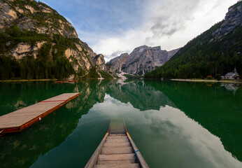 Obraz premium Pragser Wildsee, or Lake Prags, is a natural lake in the Prags Dolomites in Braies, South Tyrol, Italy.
