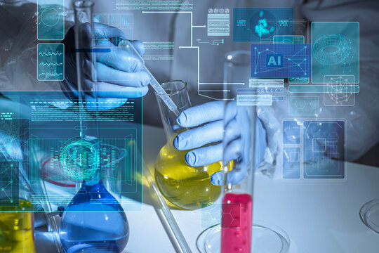 AI in laboratory concept with gloved scientist handling chemical samples and colorful glassware, digital interface overlay for data analysis and smart research.