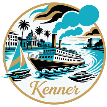 Vintage Style Kenner Louisiana Travel Emblem Featuring a Riverboat, Sailboat, and Palm Trees in a Circular Vector Illustration