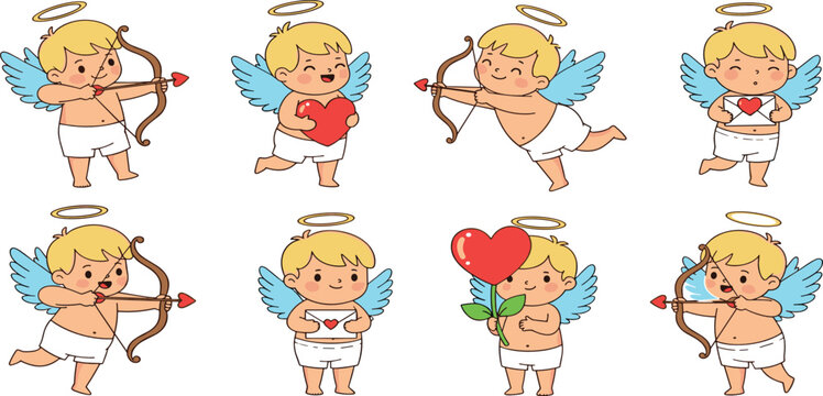 Cute Cupid Character Set for Valentine's Day Featuring Adorable Baby Angel Poses with Bow, Heart Arrow, Love Letter, and Red Rose for Romantic Holiday Greeting Card Designs