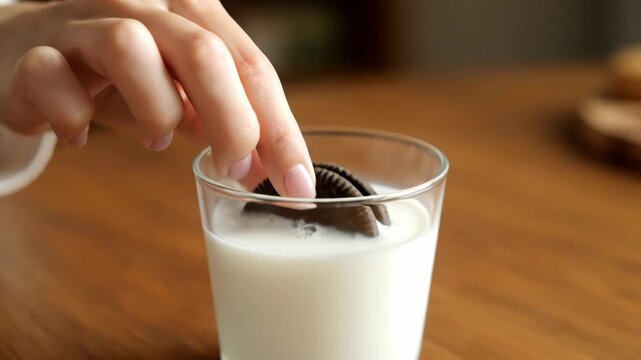 Dipping Chocolate Cookie in Milk for a Classic Snack Moment