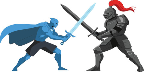 Obraz premium Dynamic Epic Battle Vector Illustration Featuring a Blue Cape Superhero Character Dueling a Dark Medieval Knight in Full Armor with Crossed Swords for Action Fantasy Designs