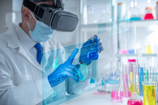 Pharmaceutical scientist wearing VR headset with holographic data interface in a laboratory. Concept of AI-driven drug development, virtual analysis, pharmaceutical research, future medical technology