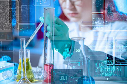 AI, artificial intelligence. Young lab assistant working in modern chemical laboratory with chemical glassware, virtual scientific HUD interface. Data visualization and future laboratory technologies.
