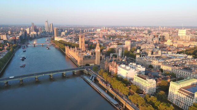 Aerial View of London, UK: Iconic Clock Tower, Big Ben and Palace of Westminster in Center of Capital City of United Kingdom of Great Britain and Northern Ireland at Sunrise