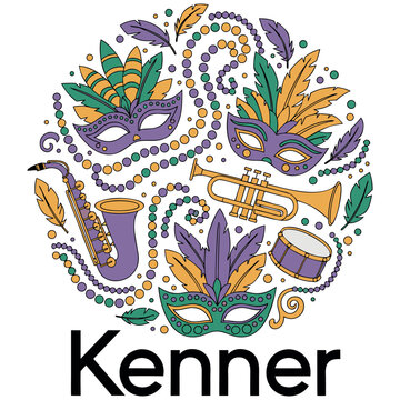 Colorful Mardi Gras Celebration in Kenner, Louisiana - Flat Vector Illustration with Carnival Masks, Jazz Instruments, Feathers, and Festive Beads