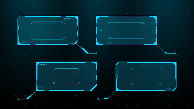 Set of blue glowing hud vector graphics frames. Futuristic user interface elements with digital data borders and callout boxes. Science fiction technology design for information display.