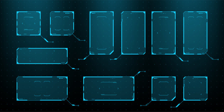 Set of blue HUD frames and data interface elements. Futuristic digital UI display boxes for software development. Cybernetic graphic design components for screen projection technology.
