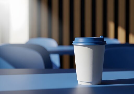 White disposable takeaway paper coffee cup with a blue plastic lid placed on a blue surface in a modern interior with vertical wooden wall slats and soft sunlight, 3D rendering.