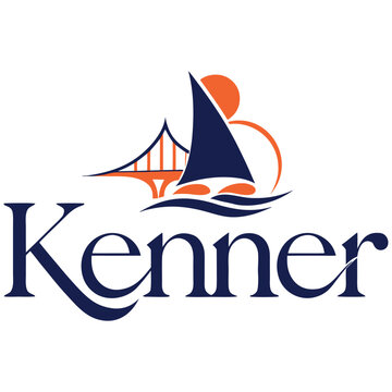 Modern Kenner Louisiana City Logo Design with Sailboat, Suspension Bridge, and Sun in Navy Blue and Orange Vector Graphics