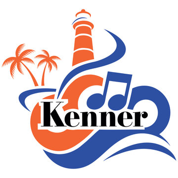 Kenner Louisiana Tourism and Music Festival Logo Design Featuring a Lighthouse, Tropical Palm Trees, Musical Notes, and Stylized Ocean Waves