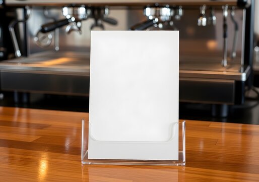 Blank white paper menu mock-up in clear acrylic holder placed on a polished wooden counter in a cafe with a blurred professional espresso coffee machine in the background.