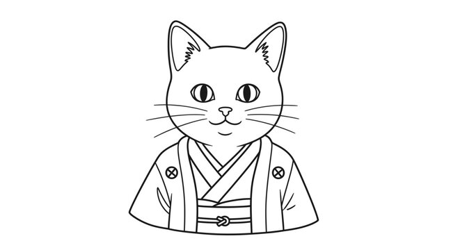 A black and white line drawing of a cat wearing a traditional Japanese kimono, presented as a bust.