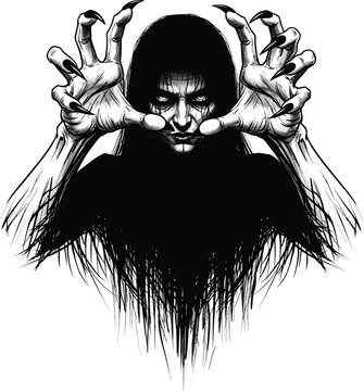 Black and white of a hooded figure with long fingers and sharp nails creepy 1