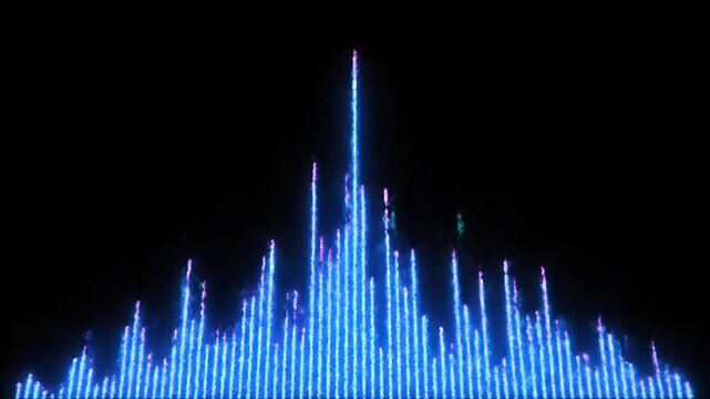 Vibrant blue neon sound wave pulsing against a dark background, representing music and technology.