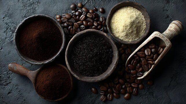 Five bowls contain varying coffee forms: whole beans, coarse grind, fine grind