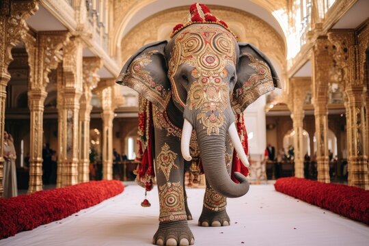 Decorated elephant proceeding along a red rose aisle in a lavish golden palace