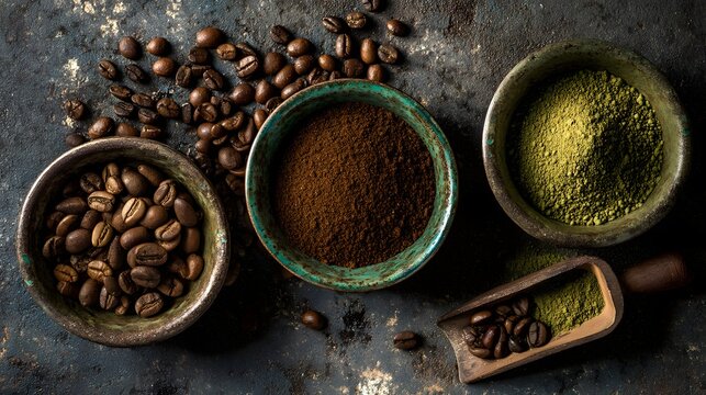 Three rustic bowls display coffee beans, ground coffee, and green matcha powder