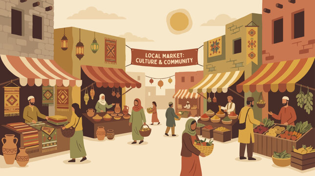 Cultural storytelling illustration representing local life and traditions with authentic details