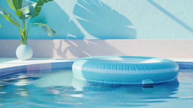 A tranquil pool scene with a blue inflatable lounger.