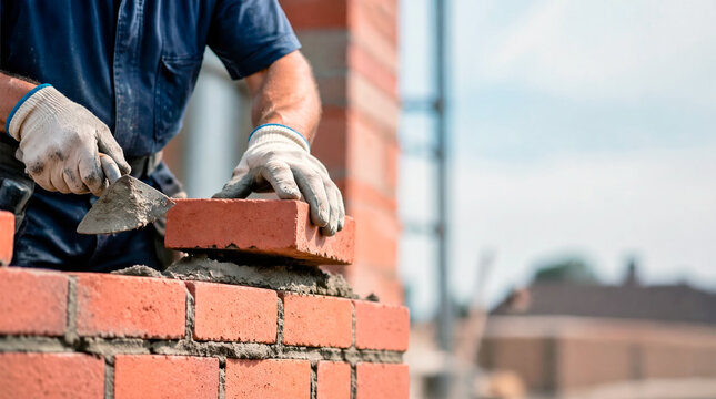 Close-up of a construction worker laying red bricks with a trowel. Male bricklayer building a wall with mortar at an outdoor site. 